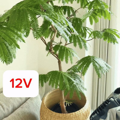 空調服の風量12V・15Vで葉に風を当てた様子