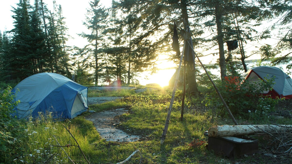 レンタルしたテントのサイズを確かめる：芝生に張ったテント